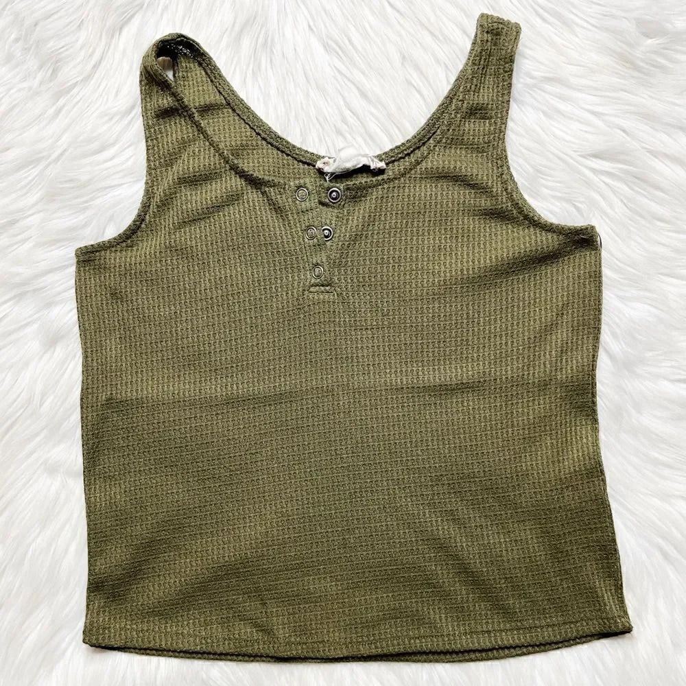 Pink Rose Waffle Knit Casual Tank Top Army Green Size Small